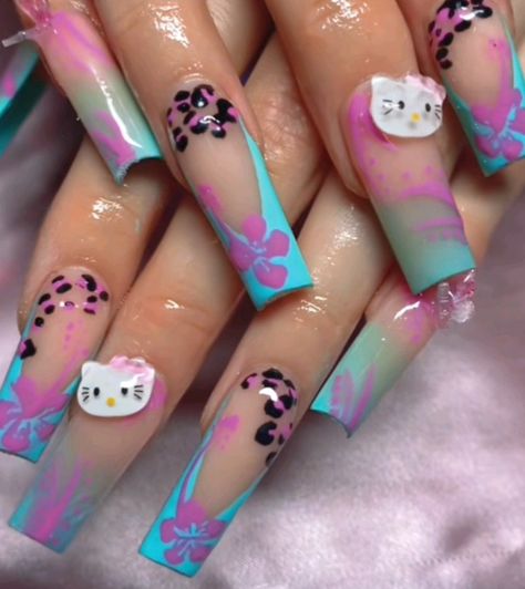 not mine Hello Kitty Summer Nails, Y2k Summer Nails, Hype Nails, Hello Kitty Summer, Hello Kitty Nails Art, Kitty Nails, Long Acrylic Nail Designs, Duck Nails, Baddie Nails