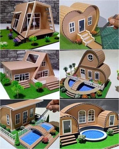 Diy Cardboard House For Kids, Miniature Houses Diy Cardboard, Cardboard Houses For Kids, Cardboard Box Houses, Miniature School, Cardboard Houses, Cardboard Box Crafts, Diy Table Decor, Cardboard Sculpture