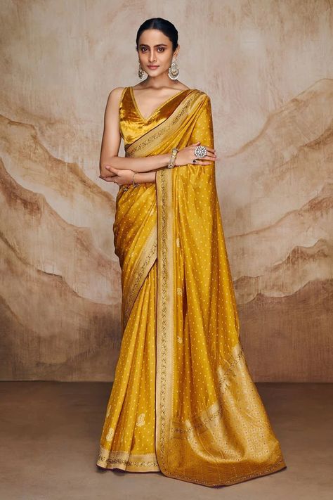 Buy Label Varsha Yellow Polka Dots Woven Saree With Blouse Online | Aza Fashions Yellow Floral Saree, Mustard Yellow Saree, Mustard Saree, Saree Drapes, Haldi Outfits, Floral Saree, Indian Fashion Saree, Yellow Saree, Saree Designs Party Wear