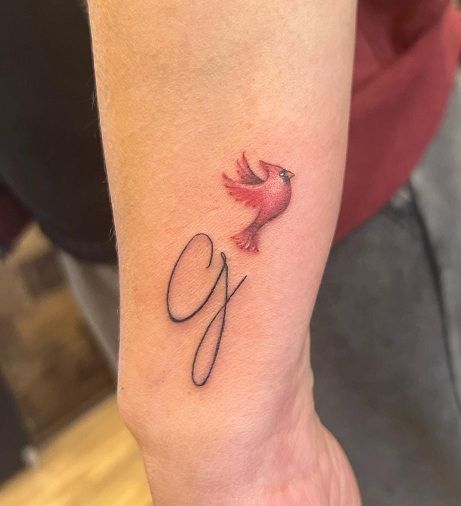 In Memory Cardinal Tattoo, Cardinal Tattoo Wrist, Small Cardinal Tattoo Wrist, Cardinal Ankle Tattoo, Cardinal With Heart Tattoo, Cardinal Sleeve Tattoos For Women, Tattoos Of Cardinals, Tiny Cardinal Tattoo Simple, Tattoos With Cardinals