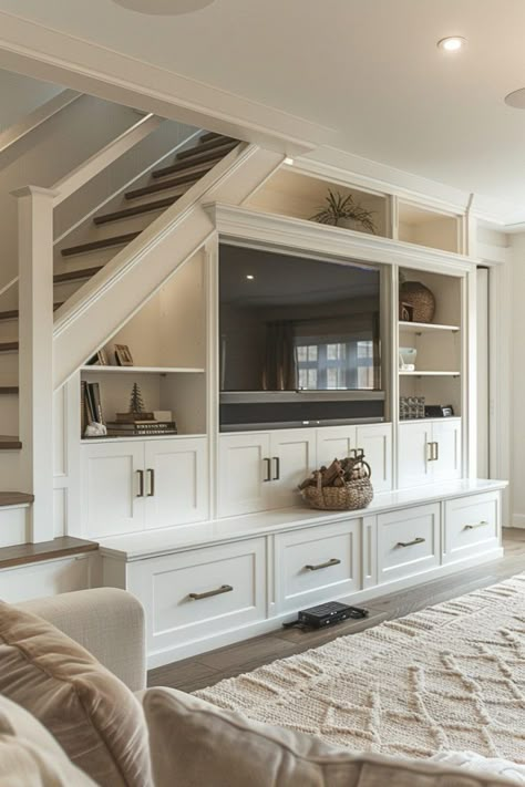 Entertainment Center Under Stairs, Clever Staircase Ideas, Open Under Stairs Ideas Living Rooms, Tv Under Stairs Living Room, Storage Under Stairs Ideas, Staircase Storage Under Stairs, Under Staircase Ideas, Living Room Under Stairs, Staircase In Living Room