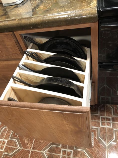 Storage For Cast Iron Pans, Cast Iron Pans Storage, Cookware Storage Ideas Cabinets, Organizing Cast Iron Pans, How To Display Cast Iron Cookware, Store Cast Iron Pans, Iron Skillet Storage Ideas, Storing Cast Iron Cookware, Cast Iron Storage Ideas Small Spaces