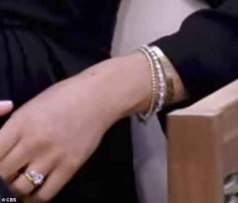 Meghan wore the tennis bracelet on her left wrist, alongside a dainty gold chain bracelet, and what appeared to be a £5,000 gold Cartier love bracelet Dainty Gold Chain, Armani Dress, Gold Chain Bracelet, Black Gown, Gold Bracelet Chain, The Duchess, Harry And Meghan, Baby Bump, Cartier Love Bracelet