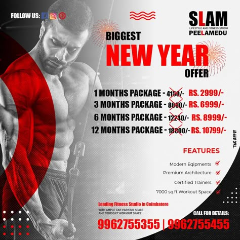 Biggest New Year Offer. Claim Now. SLAM Fitness is the best gym in Coimbatore, offering top-quality cardio, strength and weight training. Start your fitness journey today from SLAM Lifestyle and Fitness Studio. #gymlife #gymmotivation #gymtime #gymaddict #gymworkouts #gymislife #gymday #gyminspiration #gymtransformation #gymfreak #gymfit #gymstyle #gymtips #instagym #gymgoals #lifestyle #newyear #offer #gym #diet #dietitian Gym Designs, Gym Owner, Gym Diet, Gym Interior, New Year Offers, Lord Siva, Workout Space, Gym Tips, Best Gym