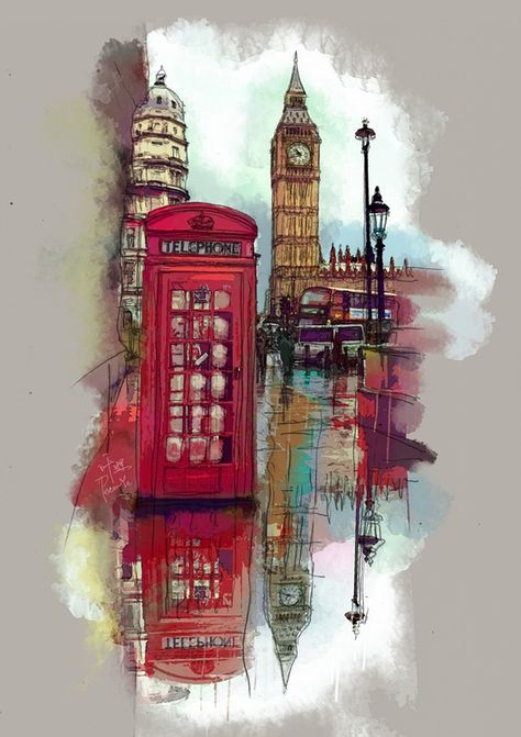 London, England - watercolor Watercolor London, England Watercolor, London Watercolor, London Drawing, Red Phone Booth, London Big Ben, London Wallpaper, Travel London, England London