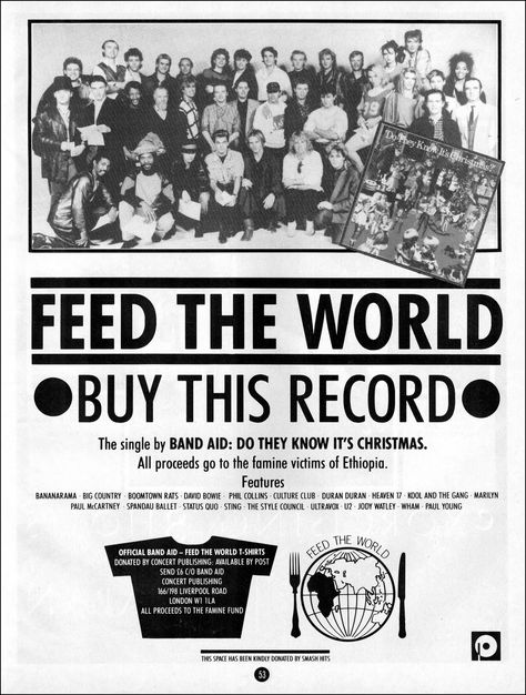 Band Aid "Do They Know It's Christmas?" (1984) — Band Aid was a charity supergroup featuring leading British & Irish artists, founded by Bob Geldof & Midge Ure to raise money for anti-poverty efforts in Ethiopia.  Repinned and no link Band Aid 1984, U2 Poster, Artist List, Vintage Music Art, Irish Artists, Midge Ure, 70s Childhood, The Style Council, Bob Geldof