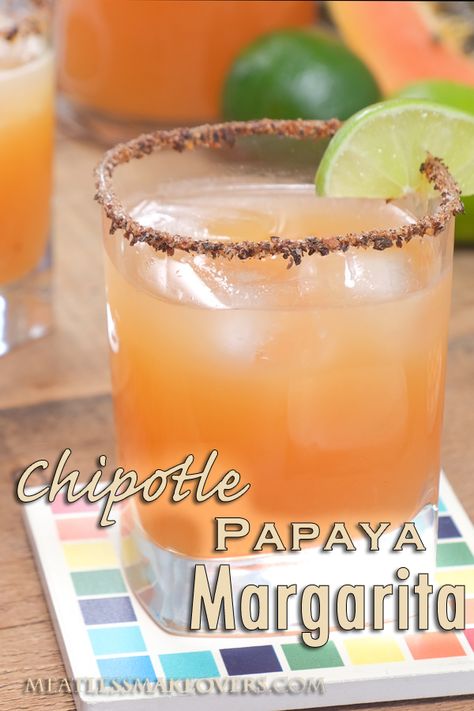 Try this fresh and spicy chipotle papaya margarita for your next dinner party or celebration.  Lime, papaya, chipotle pepper, and tequila... what could be better?! Papaya Margarita, Papaya Cocktail, Tequila Drinks Easy, Margarita Tequila, Tequila Recipe, Spicy Cocktail, Drink Poster, Thanksgiving Drinks, Mocktail Recipes