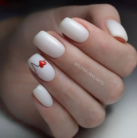 Nurse Nails, Stamped Nails, Nails Styles, Engagement Nails, Valentine Nails, Nails Today, Short Nails Art, White Nail Polish, White Nail Designs