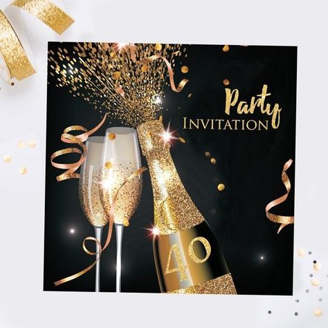 Create Birthday Invitation on WhatsApp | Blogs, News & Advice Create Birthday Invitations, Rose Gold Ribbon, Forty Birthday, Glitter Frame, 50th Party, Gold Invitations, Beautiful Invitations, Personalized Party, Gold Sparkle