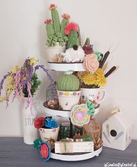 Crochet Cactus Gnome for Spring Tiered Tray - Sew Crafty Crochet Cactus Gnome, Spring Tiered Tray, Bloom Book, Pinterest Challenge, Crochet Cactus, Cactus Decor, Crochet Blog, Gnome Patterns, Crochet Inspiration