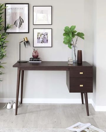 Brown Desk Decor, Dark Walnut Desk, Desk Dark Wood, Dark Brown Desk, Cosy Desk, Dark Oak Desk, Black Glass Desk, Dark Wood Desk, Computer Desk Home Office