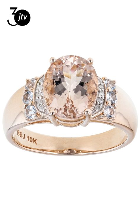 2.00ct oval Cor-de-Rosa Morganite ��� with .18ctw round Santa Maria aquamarine and .04ctw round white diamond accents, 10k rose gold ring. Measures approximately 3/8"L x 1/16"W. Peach Morganite, Santa Maria, Morganite, White Diamond, Rose Gold Ring, Aquamarine, Gold Ring, Rose Gold, Ring