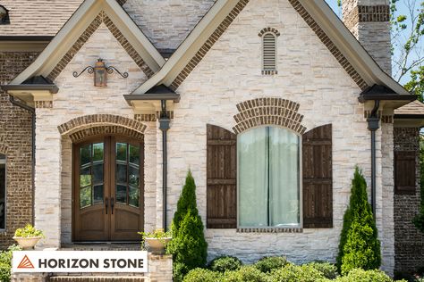 Horizon Stone | brick.com French Country Farmhouse Exterior, Brick And Stone House Exterior, Cottage Siding, Stone And Brick House Exterior, Horizon Stone, Trim Paint, House Makeovers, Inspiration Pics, Project House