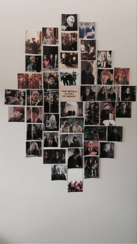 Harry Potter Pictures For Wall Collage, Harry Potter Themed Wall, Dorm Room Harry Potter, Harry Potter Astethics Room, Harry Potter Picture Wall, Harry Potter Wall Collage, Harry Potter Wallpaper For Room, Harry Potter Photo Wall, Harry Potter Room Decor Ideas