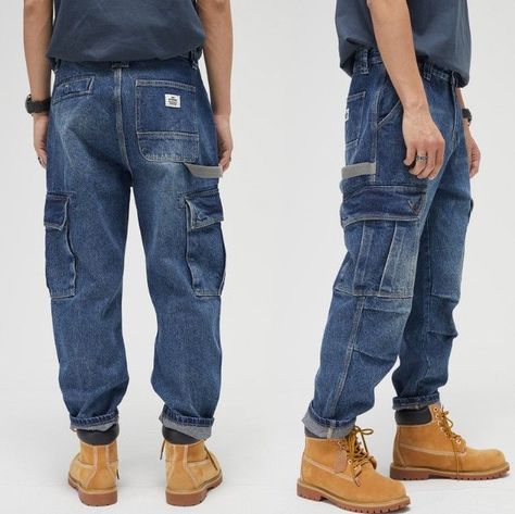 Multi-pocket Straight Jeans Fatigue Pants, Harem Jeans, Boys Denim, Pants Loose, Jeans For Men, Mens Cargo, Denim Jeans Men, Boys Jeans, Denim Design