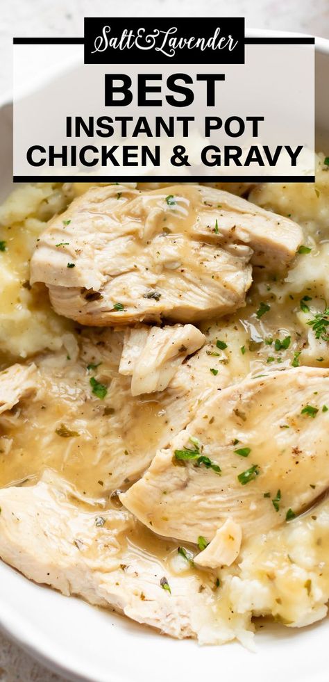 closeup of a plate of chicken over mashed potatoes with text overlay that reads best instant pot chicken and gravy Insta Pot Chicken And Gravy Recipe, Quick Easy Instapot Dinners, Instant Pot Chicken And Gravy Over Mashed Potatoes, Chicken And Gravy Recipes Instant Pot, Gravy Chicken Instant Pot, Instant Pot Chicken And Mashed Potatoes, Chicken Gravy Over Mashed Potatoes Instant Pot, Turkey And Gravy Instant Pot, Instapot Chicken Gravy Recipes