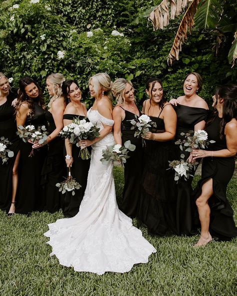 Can’t go wrong with bridesmaids in black and a vintage parasol 🖤 #destinationweddingphotographer #floridawedding #modernbride #bridesmaidsinblack Florida wedding inspo, bridesmaids dress inspiration, destination wedding photographer, modern bride style Black Bridesmaid Dresses With Bride, Bridesmaid Dresses Mismatched Black, Fall Wedding Black Bridesmaid Dresses, Black Mismatched Bridesmaid Dresses, Black Bridesmaid Dresses Mismatched, Destination Wedding Bridesmaid Dresses, Black Bridesmaid Dress Mismatched, Bridesmaids In Black, Black Bridal Party