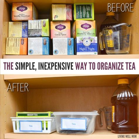 Not sure how to sort those tea bags in your cupboard? Here’s the simple, inexpensive way to organize tea! Tea Organization Storage, Tea Cupboard, Cupboard Organization, Diy Tea Bags, Celestial Seasonings Tea, Tea Live, House Pantry, Organizing Kitchen, Tea Box Storage