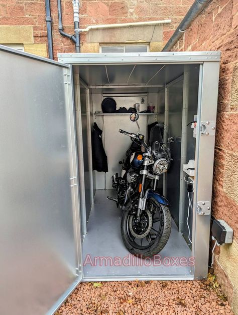 This is a great example of a customer making his unit is own Motorcycle Shed, Royal Enfield Super Meteor 650, Motorbike Shed, Super Meteor 650, Motorcycle Storage Shed, Motorcycle Storage, Bicycle Storage, Storage Sheds, Indoor Bike