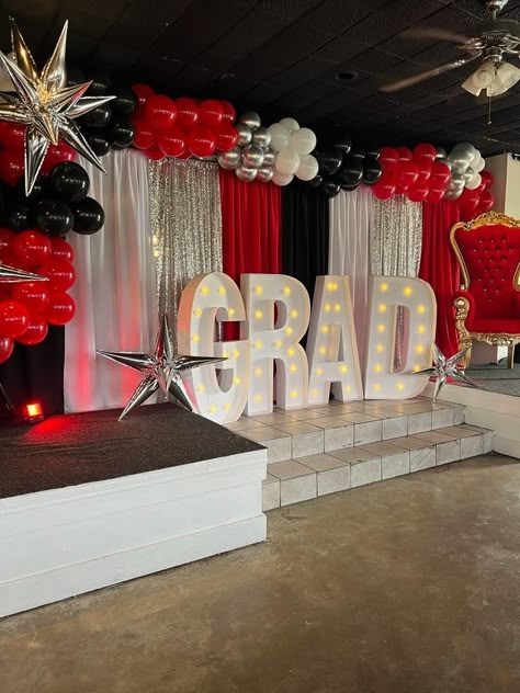 Red, White, Black, Silver Red Black White Party, Red Black Graduation Party Ideas, Red Graduation Decorations, Red White And Black Party Decorations, Red And White Decorations Party, Red Black And Gold Graduation Party, Red And Silver Graduation Party Ideas, Black Silver Red Party Decor, Red And Silver Decorations Party Ideas