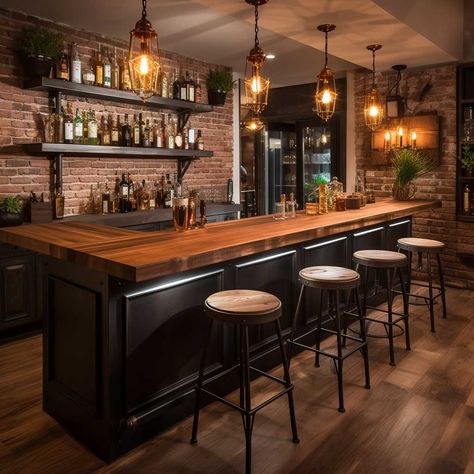 10+ Rustic Basement Ideas for a Cozy Retreat • 333+ Images • [ArtFacade] Industrial Bar Ideas For Home, Rustic Industrial Game Room, Industrial Bar Decor, Rustic Chic Basement, Rustic Mancave Ideas, Rustic Bars For Home, Rustic Bar Decor Ideas, Home Bar Industrial, Bar Redo Ideas