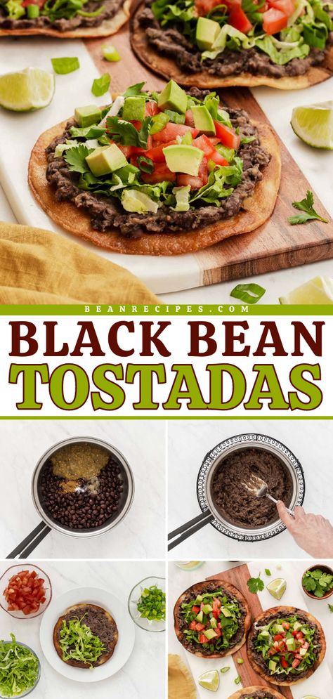 The BEST Black Bean Tostadas! You're just 30 minutes away from this busy weeknight dinner. Not only is this healthy tostada recipe vegan, but it is also crispy and delicious. Save this easy meal idea! Vegan Tostadas, Bean Tostada, Vegan Black Bean Recipes, Black Bean Tostadas, 10 Minute Meal, Tostada Recipe, Easy Bean Recipes, Vegan Bean Recipes, Bean Tostadas