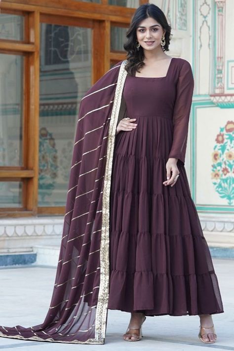 Coffee Brown Faux Georgette Anarkali Gown with Dupatta Anarkali Gown With Dupatta, Long Umbrella, Umbrella Dress, Georgette Anarkali, Gown With Dupatta, Anarkali Gown, Indian Gowns, Ladies Gown, Anarkali Suit