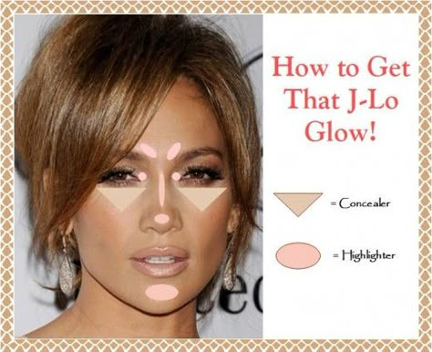 How to Get that J-Lo Glow: Highlighting Map / Tutorial and Product Suggestions for duplicating Jennifer Lopez's famous glowy makeup! J Lo Eye Makeup, Glow From Within Makeup, Jlo Eye Makeup, J Lo Makeup Tutorial, Jennifer Lopez Makeup Tutorial, Jlo Makeup Tutorial, J Lo Makeup, Jlo Short Hair, Concealer Tips How To Apply