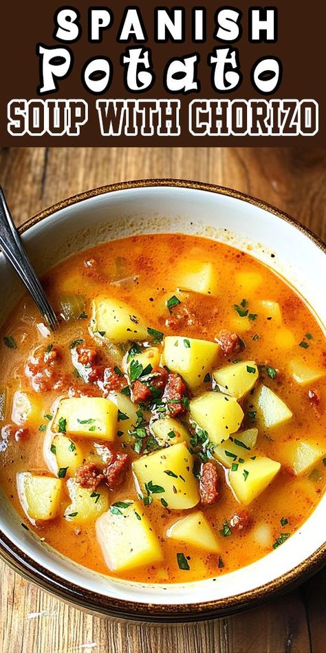 Get cozy with this traditional Spanish Potato Soup! 🍲 A rich and satisfying soup featuring smoky chorizo, potatoes, and bold spices. Perfect for sharing! 🥄✨ #PotatoSoup #SoupRecipes #SpainInspired #ChorizoDish Chorizo Soup Recipes, Chorizo Potatoes, Soup With Chorizo, Spaghetti Dishes, Chorizo Soup, Spanish Potatoes, Homemade Potato Soup, Spanish Chorizo, Chorizo And Potato