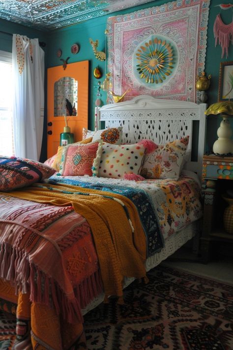 Inject vibrant colors into a boho bedroom to create a lively and energetic space. Use bold wall colors or colorful bedding to make the room pop, while keeping furniture and decor items in neutral tones to balance the look. Discover more color pop boho bedroom designs. Bold Wall Colors, Modern Boho Bedroom Ideas, Eclectic Boho Bedroom, Ideas For Furniture, Canopy Bedroom Sets, Interior Design Quotes, Modern Boho Bedroom, Boho Bedroom Design, Bedroom Sanctuary