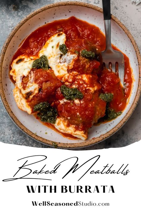 So excited to celebrate Italian Heritage Month with my friends over at @rosinafoodproducts #ad today, we’re baking Angus Beef Meatballs in marinara, then topping them with creamy burrata cheese and a drizzle of basil pesto. the meatballs are fully cooked and frozen fresh (locking in all that delicious flavor!) and so easy to prepare! #RosinaMeatballs #bakedmeatballs #meatballs #burrata | wellseasonedstudio.com @wellseasondestudio Italian Heritage Month, Meatballs Recipes, Italian Buffet, Baked Meatballs, Appetizer Meatballs, Meatball Bake, Burrata Cheese, Beef Meatballs, Angus Beef