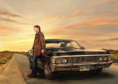 Dean and Impala by slugette.deviantart.com on @deviantART 1967 Chevy Impala Black, Chevrolet Impala 1967 Supernatural, 1967 Chevy Impala Supernatural, Impala Supernatural, Chevrolet Impala 1967, Impala 1967, Spn Fanart, Supernatural Impala, Supernatural Fanart