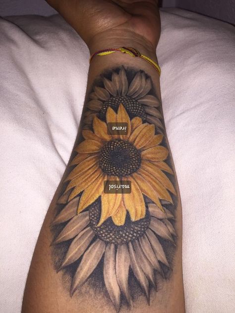 Sunflower Tattoo Dark Skin, Yellow Sunflower Tattoo, Yellow Ink Tattoos, Tattoo On Brown Skin, Sunflower Shoulder Tattoo, Tattoo On Dark Skin, Yellow Tattoo, Best Neck Tattoos, Gold Tattoo