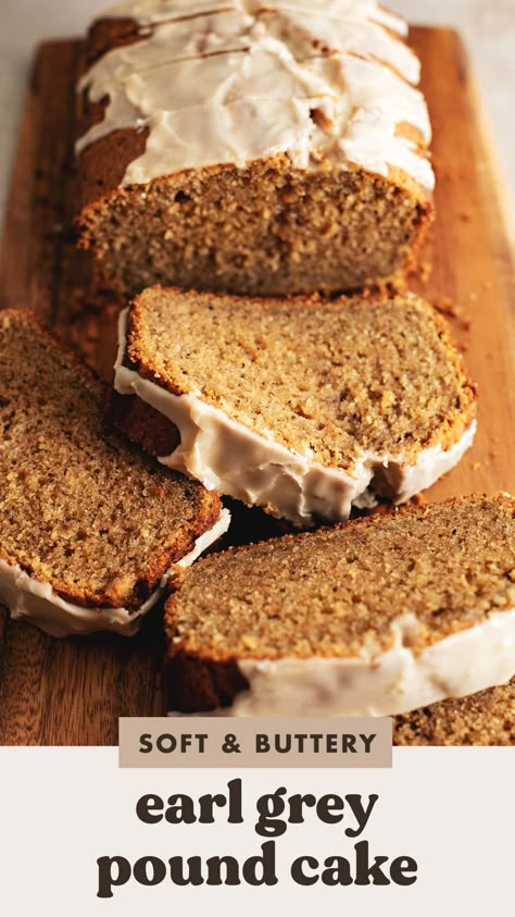 This earl grey pound cake is soft, dense, and buttery. It has plenty of earl grey flavour from the earl grey infused cream and tea leaves. It's a cozy and simple loaf cake to make when you need a pick me up! #poundcake #earlgrey #baking | teakandthyme.com Milk And Tea, Carrot Bread Recipe, Snacking Cake, Tea And Crumpets, Tea Cakes Recipes, Baking Basics, Breakfast Pastries, Coffee Cakes, Coffee Cake Recipes