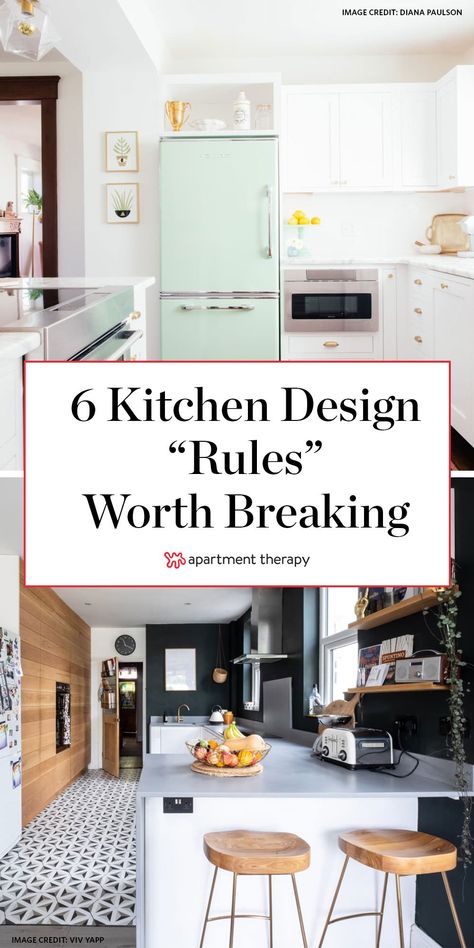 These six kitchen design rules don’t really hold up anymore, so you can feel confident about breaking these conventions when renovating your kitchen. #kitchen #kitchenideas #kitchentrends #kitchendesign #kitchenlayout #kitchencabinets #2020designtrends Kitchen Rules Sign, My Kitchen Rules, Patterned Tile Backsplash, Kitchen Rules, Kitchen Smells, Anniversary Greetings, All White Kitchen, Kitchen Concepts, Design Rules