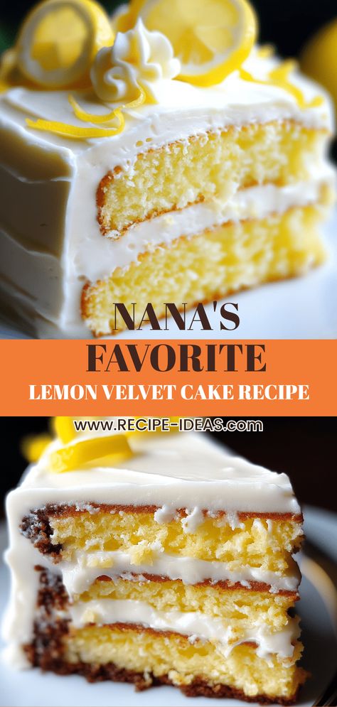 A delicious homemade Lemon Velvet Cake, showcasing the bright and moist texture with lovely lemon flavor. This pin features 2 images capturing its gorgeous layers and tempting slices. Bake Cake For Beginners, Lemon Cakes Recipes, Catch A Husband Cake Recipe, Lemon Velvet Cake Recipe, Lemon Cake Recipe From Scratch, Best Cake Recipe Ever, Homemade Lemon Cake Recipe, Lemon Cake Recipes, Lemon Cake From Scratch