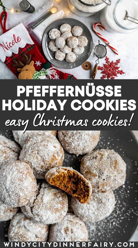 Holiday baking is in full force and these Pfeffernüsse Holiday Cookies taste just like Christmas! This easy Christmas cookie recipe is easy to make, and will be a family favorite for years! Makes a great fall dessert or treat, too! Gluten Free Cookies For Christmas, Feffernoose Cookies, Pferrernusse Cookies, Pfeffernusse Cookies German Christmas, Pheffernuese Cookies Recipe, Gluten Free Pfeffernusse Cookies, Flourless Christmas Cookies, Peppernuts Cookies Recipe, Pfferneuse Cookies Recipe