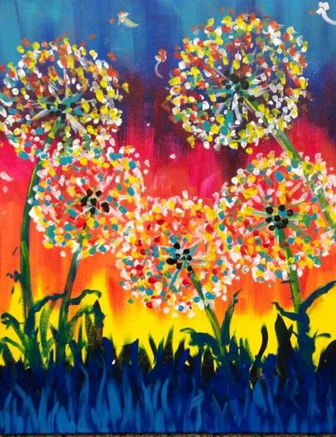 Canvas Whimsical Art Paintings Bright Colors, Family Paint Night Ideas, Qtip Painting Ideas, Art Ideas For Adults, Finger Painting Ideas, Finger Print Art, Easy Art Ideas, Floating Petals, Dandelion Painting