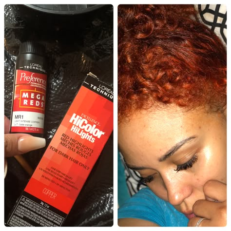 2 tubes of the L’Oréal (Copper) and half of the L’Oréal Preference (MR1 Light Intense Copper). Added appropriate developer amount. Dried down to a very nice Burnt Orange! L’oréal Copper Hair, Hi Color Loreal Copper, Burnt Orange Hair Color, Copper Orange Hair, Burnt Orange Hair, Colored Locs, Orange Highlights, Hair Color Orange, Micro Locs