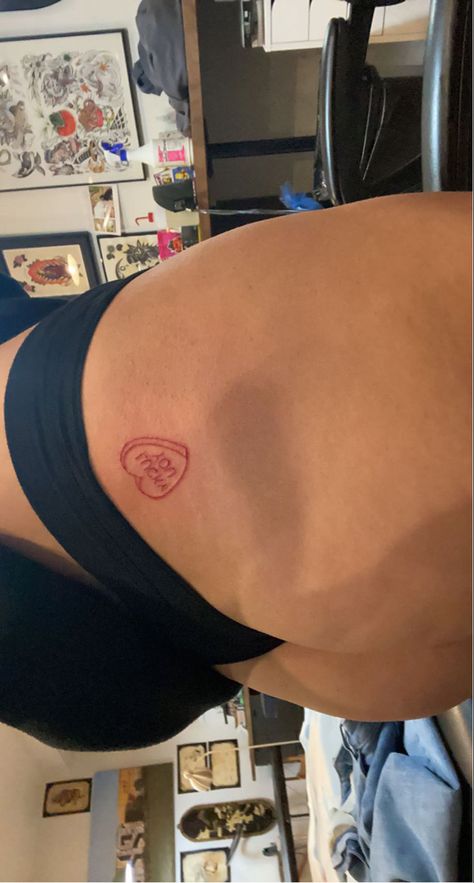 Red Heart Tattoo On Bum Cheek, Lucky You Tattoo Pelvis, Heart On Buttcheek Tattoo, Heart Candy Tattoo, Lucky You Tattoo, Heart Tattoo On Bum Cheek, Hideable Tattoos, Panty Line Tattoo, Dirty Tattoos