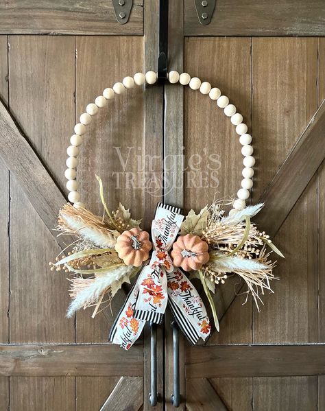 Fall Wood Bead Wreath, Bead Wreath, Farmhouse Wreath, Fall Boho Wreath, Wall Decor, Fall Neutral Wreath, Camper Wreath by VirgiesTreasures on Etsy Diy Boho Fall Wreath, Fall Boho Wreath, Fall Beaded Wreath Ideas Diy, Wood Bead Wreath Ideas, Fall Wood Bead Wreath Diy, Beaded Wreath Boho, Fall Bead Wreath, Wooden Bead Fall Wreath, Wood Bead Fall Wreath