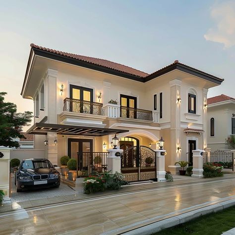 Cream Color House, Luxury Homes Dream Houses Exterior, Small Mansion, Sky Window, Exterior House Design, Nice Houses, Beautiful Exterior, A Sense Of Place, Colonial Exterior