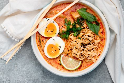 20 Minute Thai Red Curry Ramen Red Curry Ramen, Coconut Red Curry, Curry Broth, Curry Ramen, Noodle Soups, Chicken And Mushrooms, Ramen Broth, Pork Belly Slices, Can Chicken Recipes