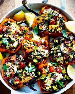 Stuffed Peppers with Quinoa, Corn, and Zucchini | Alexandra's Kitchen Vegetarische Diners, Zucchini Quinoa, Vegetarian Stuffed Peppers, Recipe Hacks, Sauteed Zucchini, Bell Pepper Recipes, Diner Recept, Stuffed Poblano Peppers, Summer Vegetable