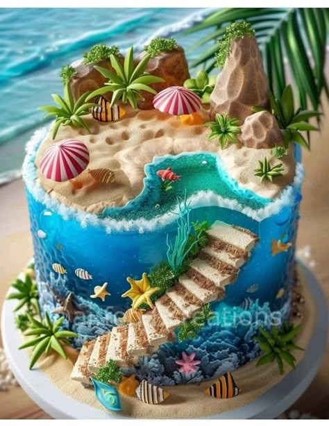 Underwater Cakes, Underwater Birthday Cake, Beach Cake Ideas, Ocean Birthday Cakes, Cake Artwork, Fruit Cake Design, Purple Cakes Birthday, Ocean Cakes, Decorate A Cake