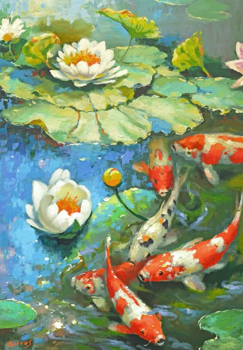 Blue Flower Art, Koi Painting, Pond Painting, Koi Art, Fish Drawings, Oil Painting Flowers, Fish Painting, Impressionist Paintings, Painting Art Projects