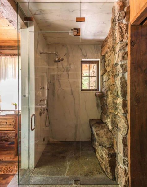 Beyond beautiful rustic mountain home with fabulous views of the Tetons Rustic Mountain Homes, Stone Shower, Cabin Bathrooms, Natural Stone Wall, Bathroom Red, Modern Farmhouse Bathroom, Rustic Bathrooms, Modern Mountain, Farmhouse Bathroom Decor