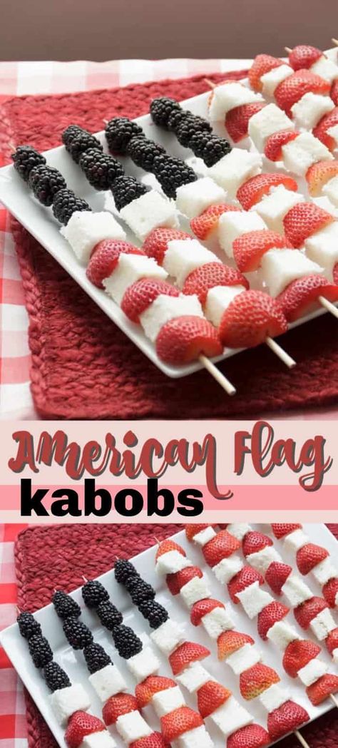 This Memorial Day or Fourth of July, make these super easy American Flag Kabobs to serve to friends and family. Fruit kabobs are delicious and a nice alternative dessert. #americanflagrecipes #americanflagdesserts #freshfruitrecipes #4thofjulydesserts #fourthofjulydesserts #potluckrecipes #dessertrecipes #flagkabobs #amandascookin American Flag Food Ideas, Fourth Of July Fruit Kabobs, Patriotic Fruit Kabobs, Veterans Day Dessert Ideas, 4th Of July Fruit Kabobs, Fourth Of July Fruit, American Flag Dessert, Flag Desserts, 4th Of July Fruit