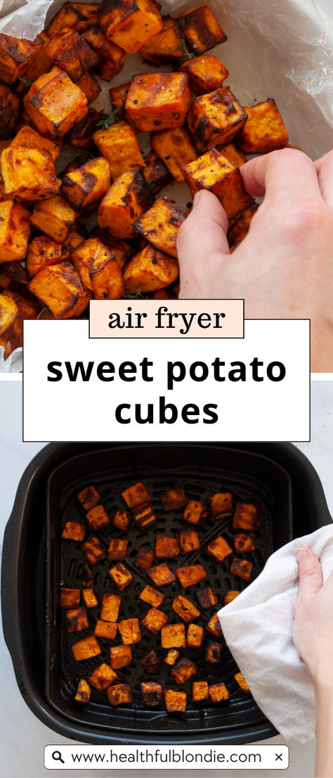 The best crispy and tender air fryer sweet potato cubes ready in under 15 minutes. Coated in a delightful blend of garlic, paprika, salt, and pepper, they’re a healthy addition to salads, bowls, or as a tasty dinner side! Air Fry Sweet Potato Cubes, Roasted Sweet Potatoes Air Fryer, Air Fryer Sweet Potatoes Cubes, Sweet Potato Air Fryer Recipes, Sweet Potato Air Fryer, Mom Snacks, Air Fryer Sweet Potatoes, Sweet Potato Cubes, Roasted Sweet Potato Cubes