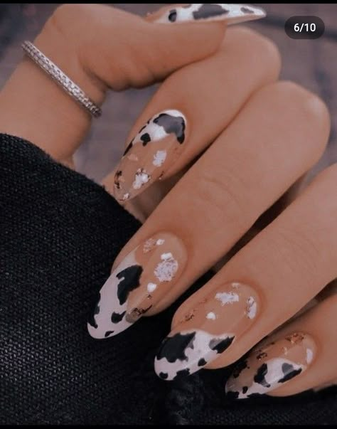 Cow Hide Nail Designs, Country Concert Nails Almond, Cowprint Nail Design Almond, Country Chic Nails, Concert Nails Ideas Country, Cow Almond Nails, Brown Cowprint Nails, Space Cowgirl Nails, Acrylic Western Nails